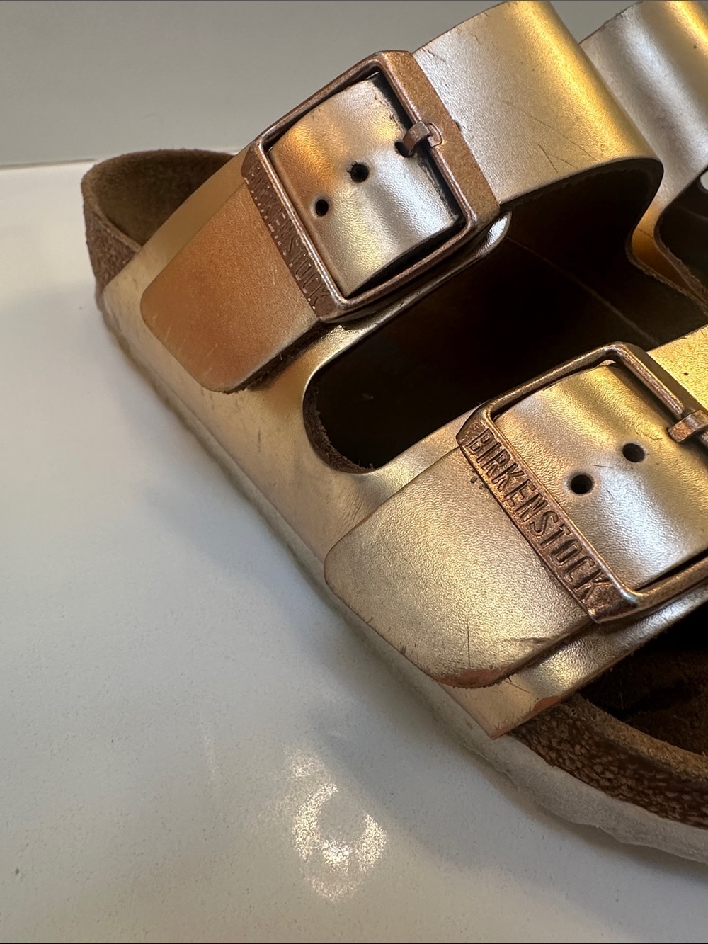 Metallic Gold Birkenstock Double-Buckle Slide Sandals - Picture 8 of 9